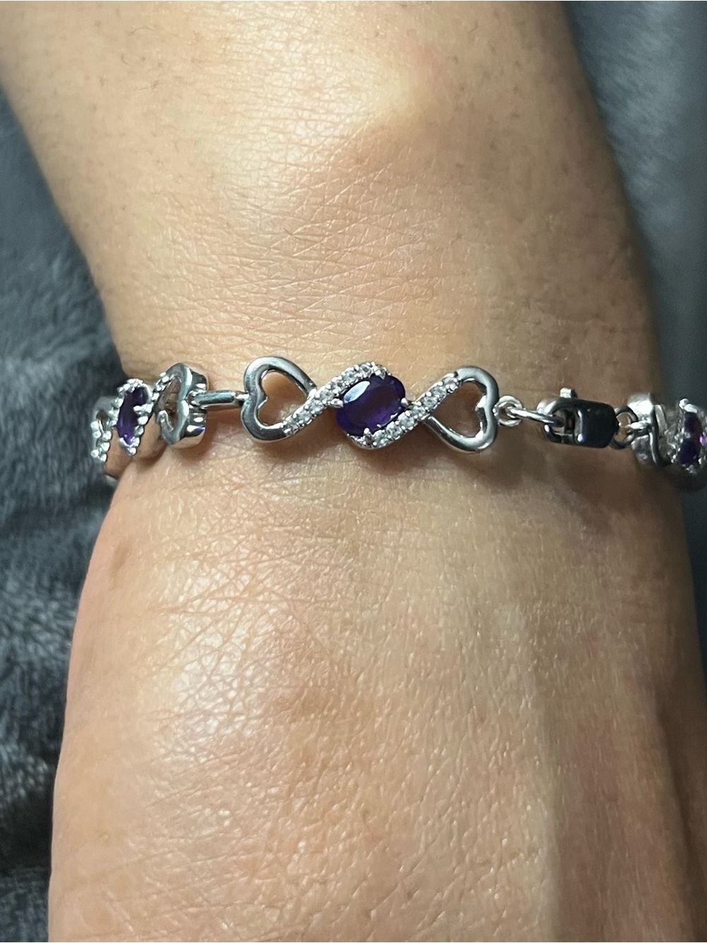 Designer Amethyst & White Topaz Heart Link Bracelet 925 Sterling Silver -Zales